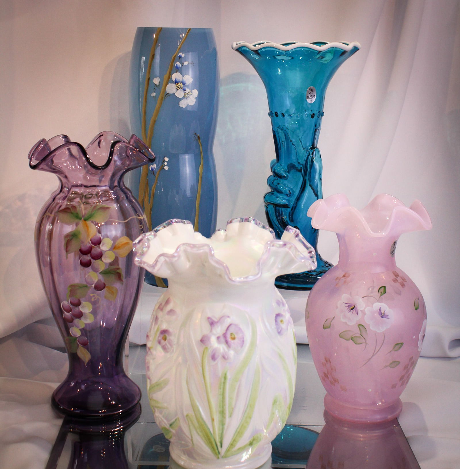 5 pc Lot Fenton Art Glass Vases Hand Painted & More (1 of 16)