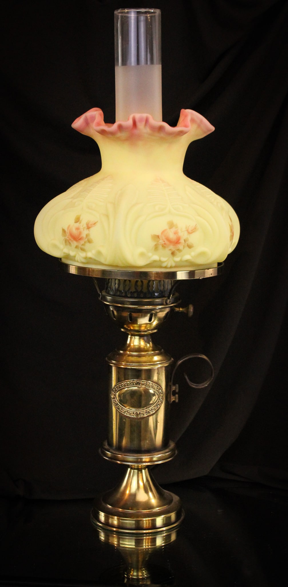 Fenton Roses on Burmese Glass Student Lamp (1 of 9)