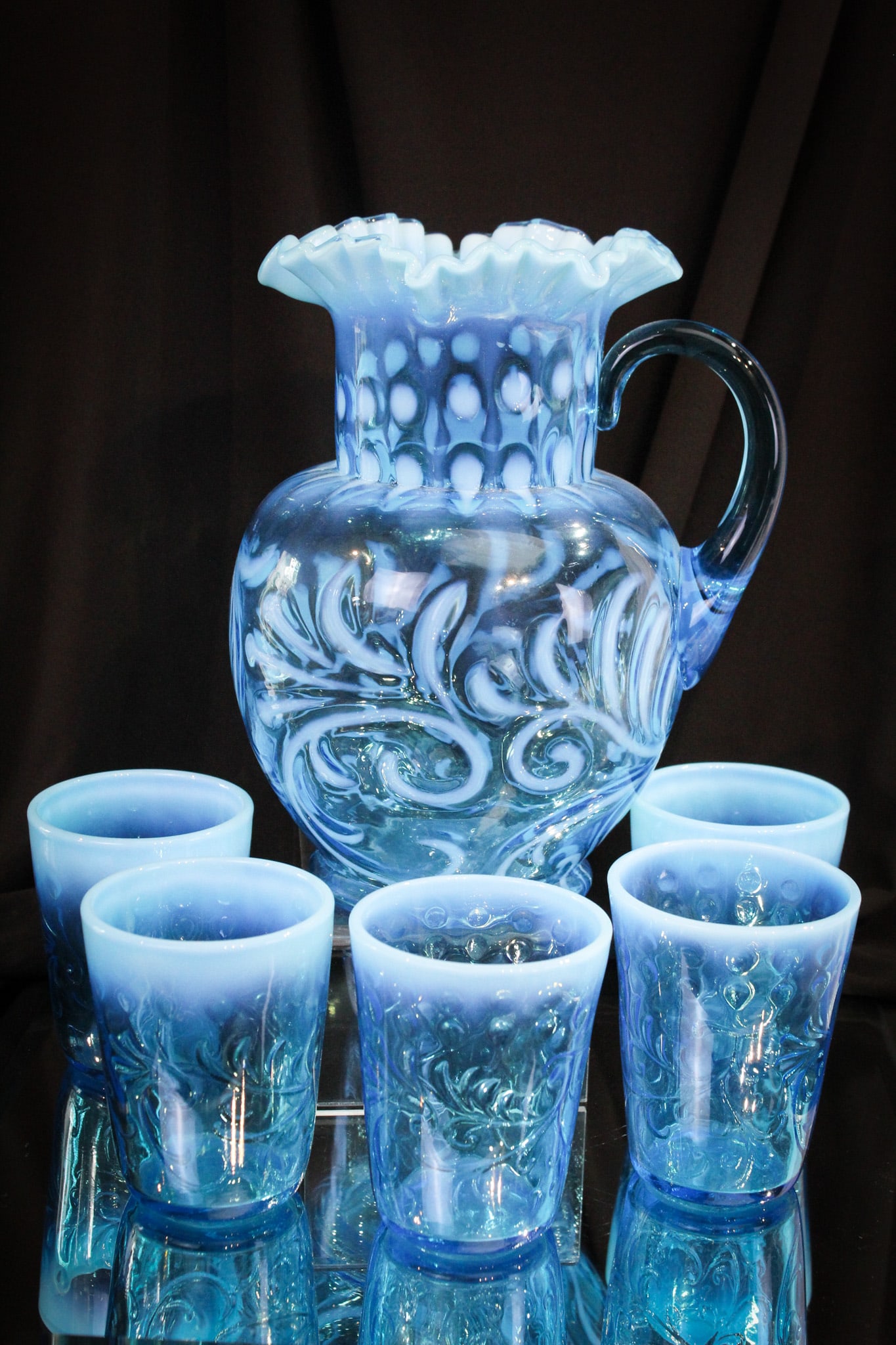 Fenton Blue Opalescent Buttons & Braids 6pc Water Set (1 of 8)