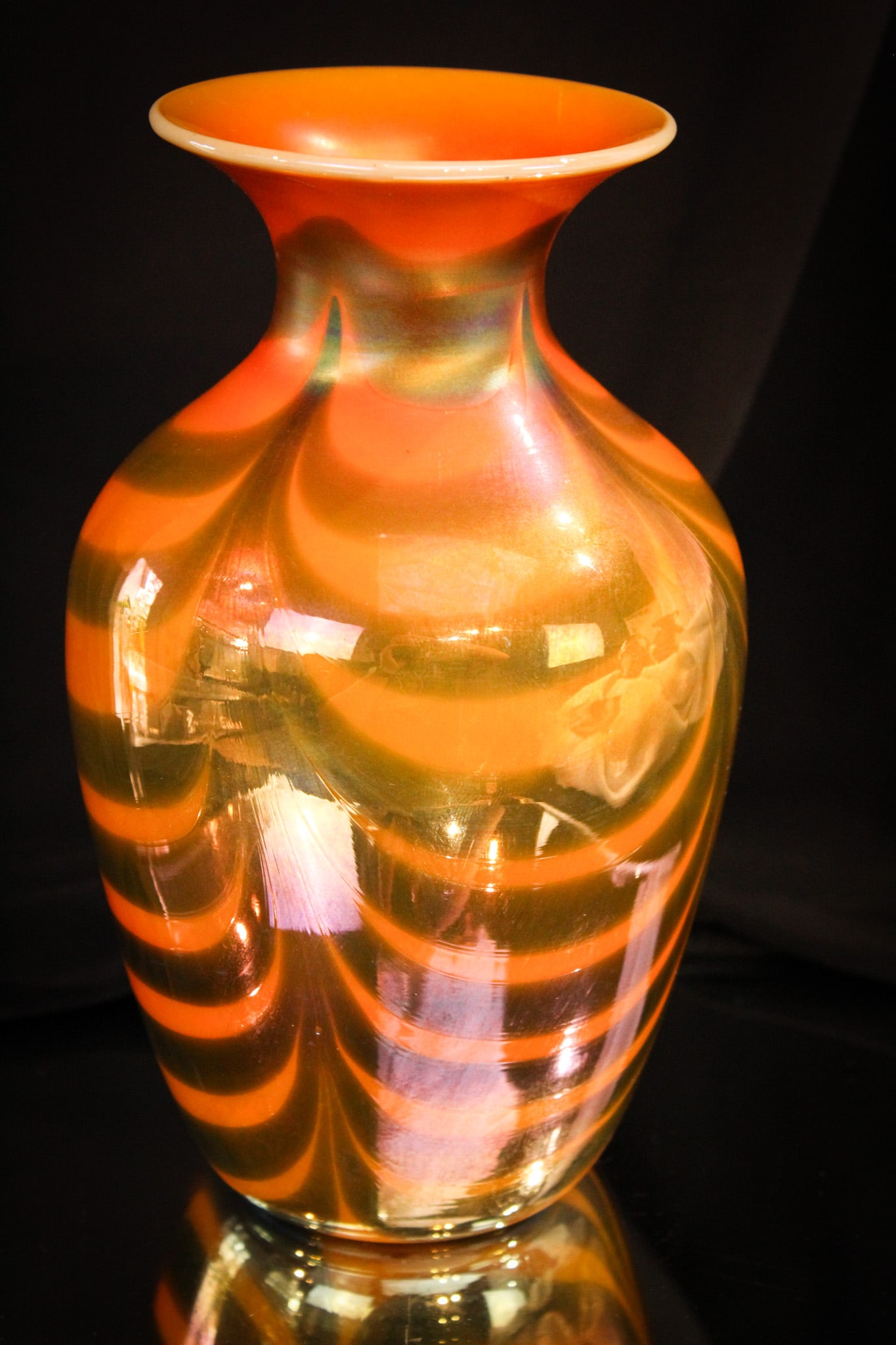 Imperial Freehand Lead Lustre Festoon Vase: This piece is from the private collection of Ernest L. Albanese Jr. Beautiful Imperial freehand orange irridescent vase with festoon decoration.