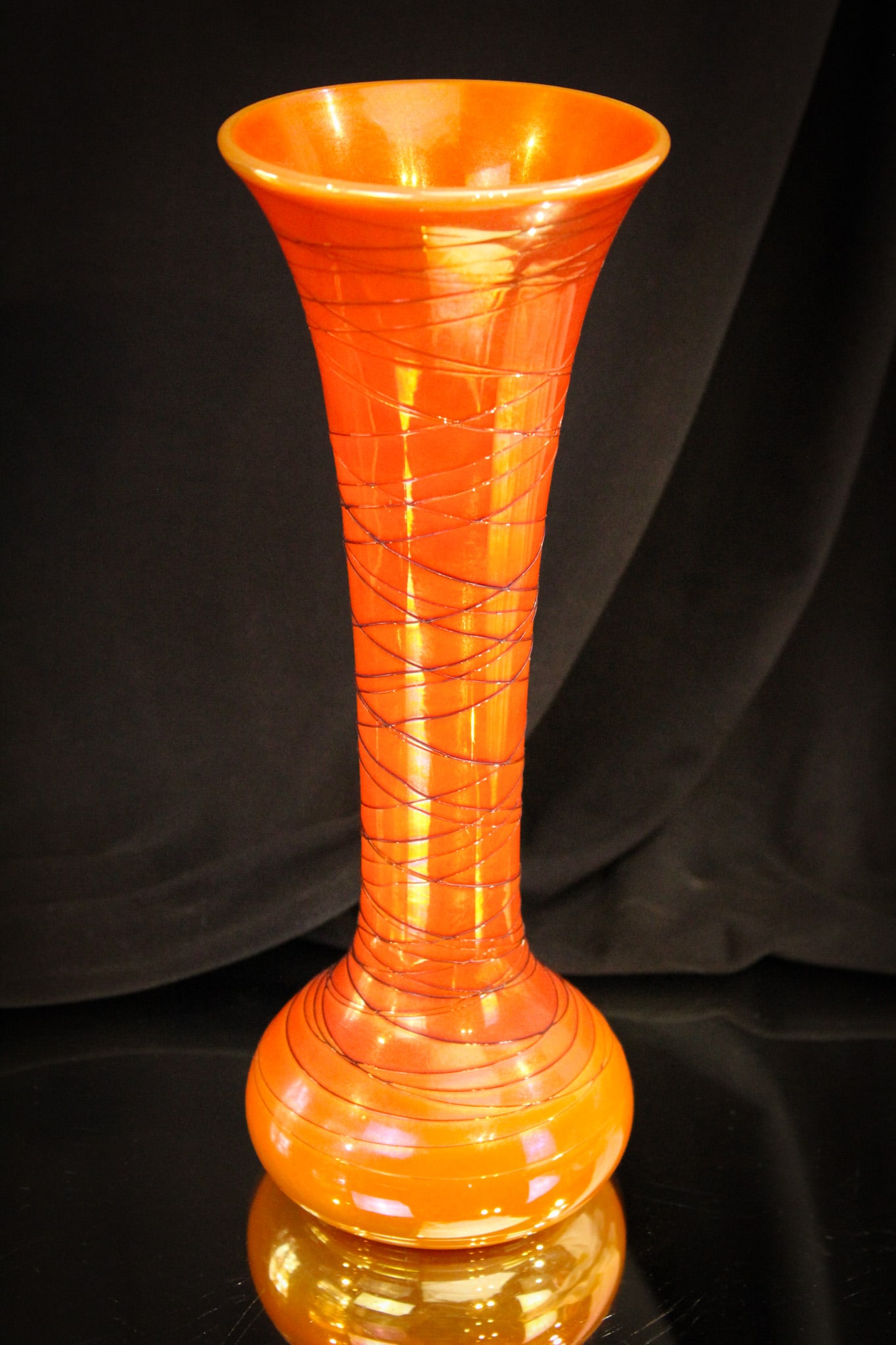 Imperial Freehand Lead Lustre Orange Threaded vase (1 of 4)