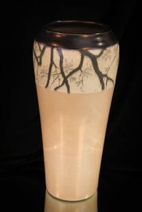 Rookwood Floral Pottery Vase: Super example is this signed Rookwood pottery vase decorated at the top with a band of florals and branches. Vase is marked, "XIV", and numbered "2039". Measures 11 1/2" tall.