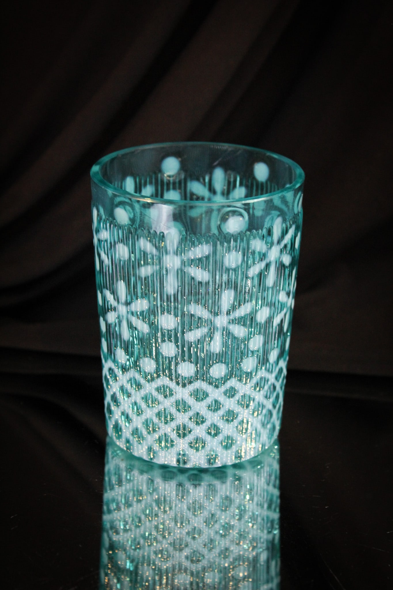 Northwood Blue Opalescent Christmas Snowflake Victorian Tumbler: This is the ribbed version for your viewing pleasure of the Northwood Christmas Snowflake pattern. Always a fan favorite.