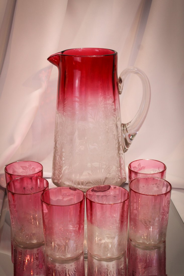 Cranberry Rubina Etched Cranes Victorian Water Set (1 of 17)