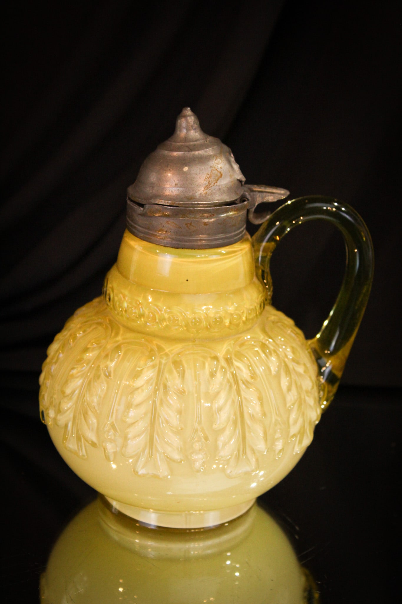Northwood Leaf Umbrella Victorian Syrup Pitcher: Great to add to your collection, here's a Northwood lemon cased Leaf Umbrella pattern syrup pitcher. This one has nice coloring and distinct pattern definition.
