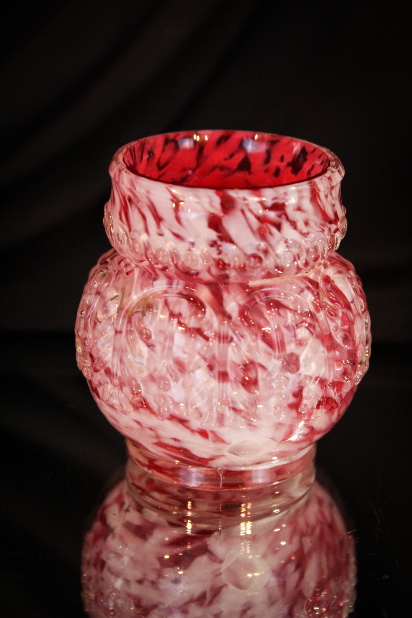 Northwood Leaf Umbrella Cranberry Victorian Toothpick Holder: Great find here in this Northwood Leaf Umbrella Victorian toothpick holder in cranberry spatter. Very nice color in this one.