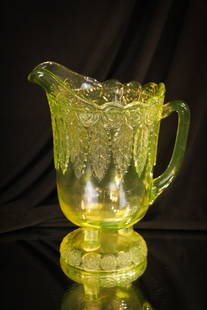 Vaseline Greentown Rose Garland Victorian Water Pitcher: How many are out there, folks? Gorgeous vaseline Greentown Rose Garland pattern water pitcher. What an exciting find!