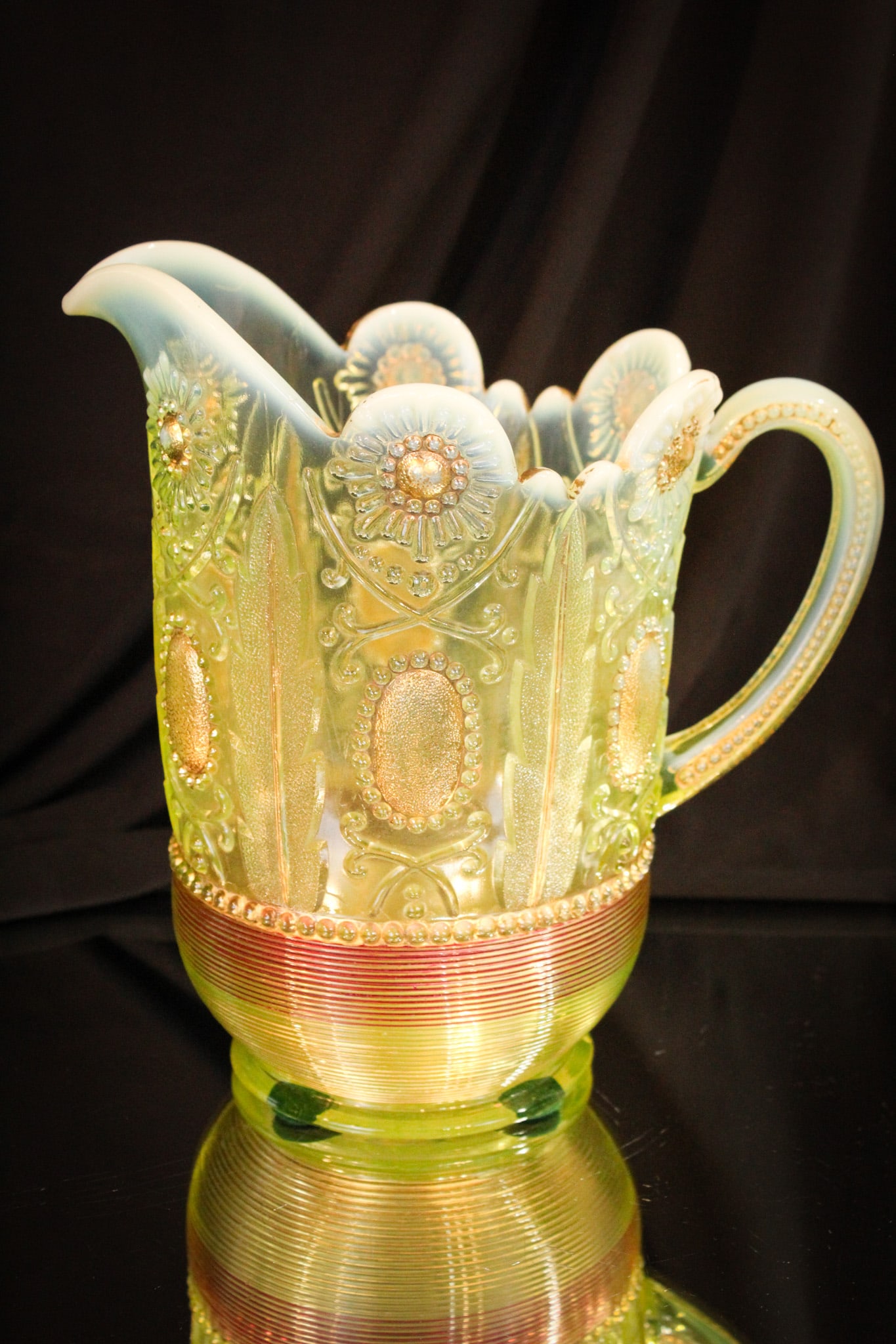 Vaseline Northwood Jewel & Flower Decorated Victorian Pitcher (1 of 6)