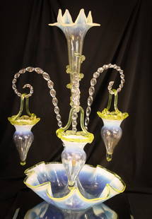 Victorian 22" Vaseline Opalescent Art Glass Epergne: Incredible Victorian vaseline opalescent epergne complete with canes and hanging baskets. A beautiful addition to any collection.