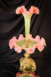 Pink Opalescent Vaseline Victorian Fishnet Epergne: Fab find in this pink opalescent vaseline Victorian epergne in a fishnet embossed pattern set in metal holder and base.