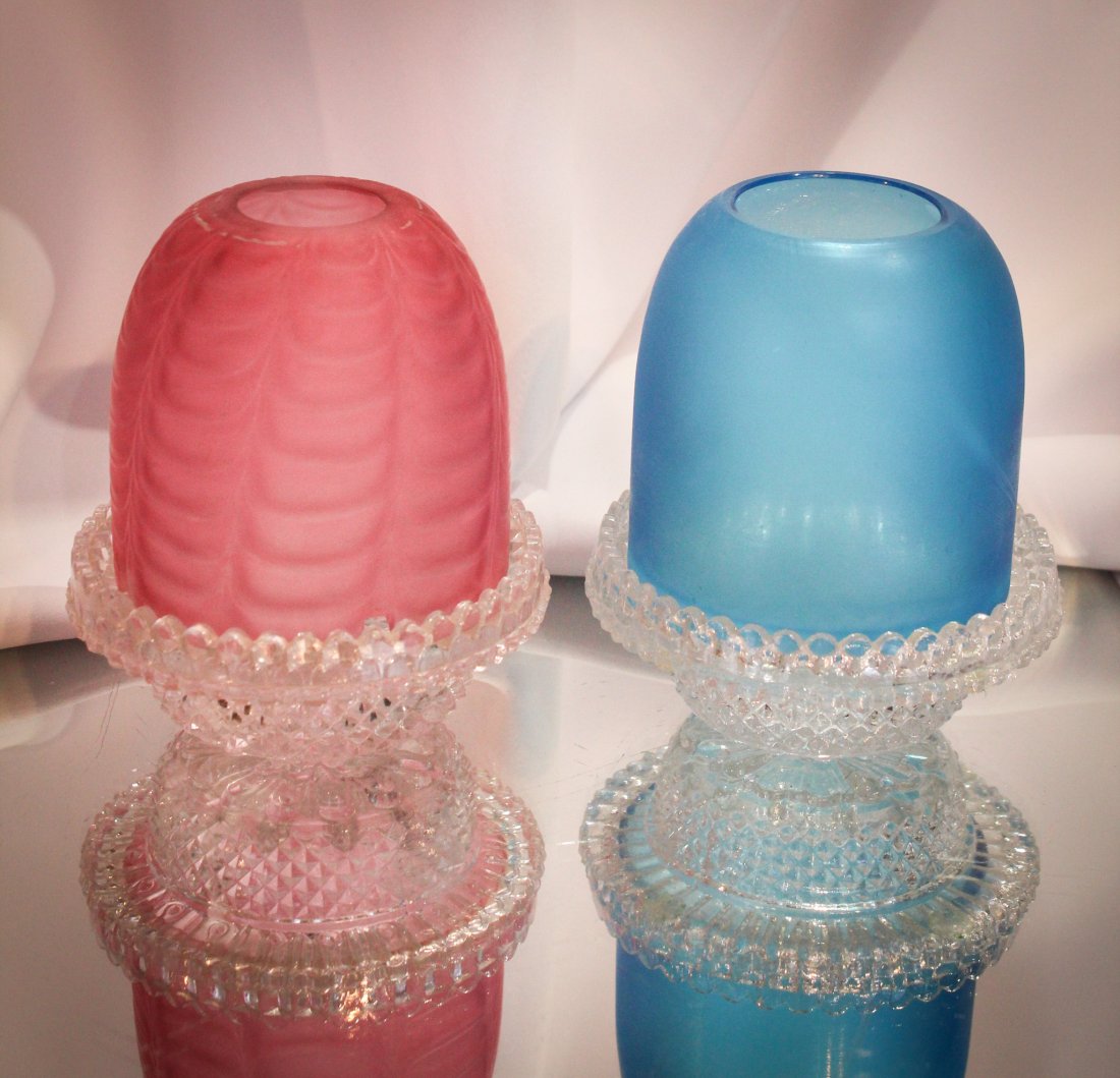 2 pc Lot Victorian Satin Glass Cranberry Blue Fairy Lamps (1 of 11)