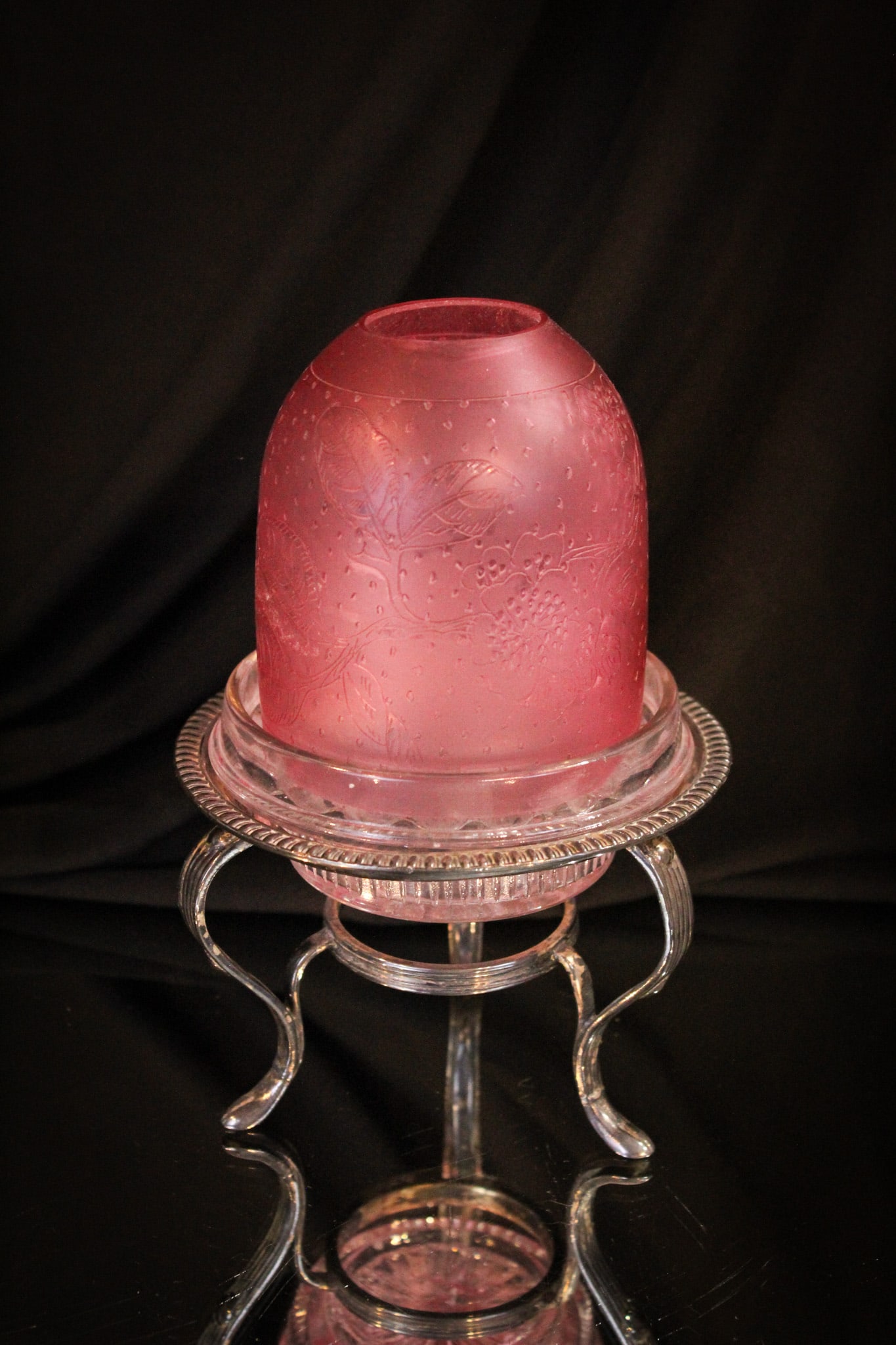 Cranberry Etched Victorian Fairy Lamp Silverplate Base (1 of 10)