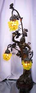 Art Nouveau 36" Vaseline Grapes Figural Maiden Newel Post Lamp: Gorgeous 36" tall figural maiden Art Nouveau period newel post lamp with roses and vaseline glass grape shade covers. It doesn't get any more Victorian than this, folks. Complete original patina.