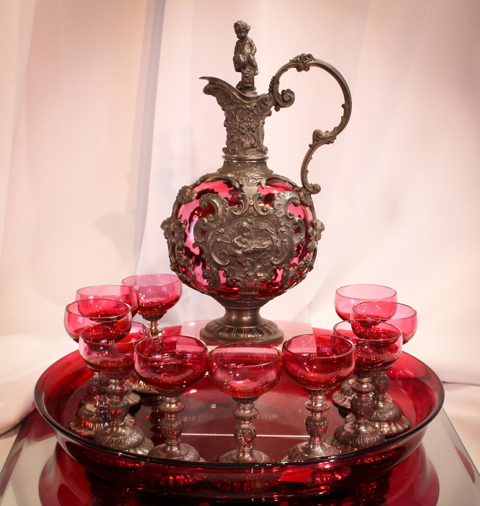 12 pc Cranberry Glass Victorian Liquer Decanter Cordial Set (1 of 13)
