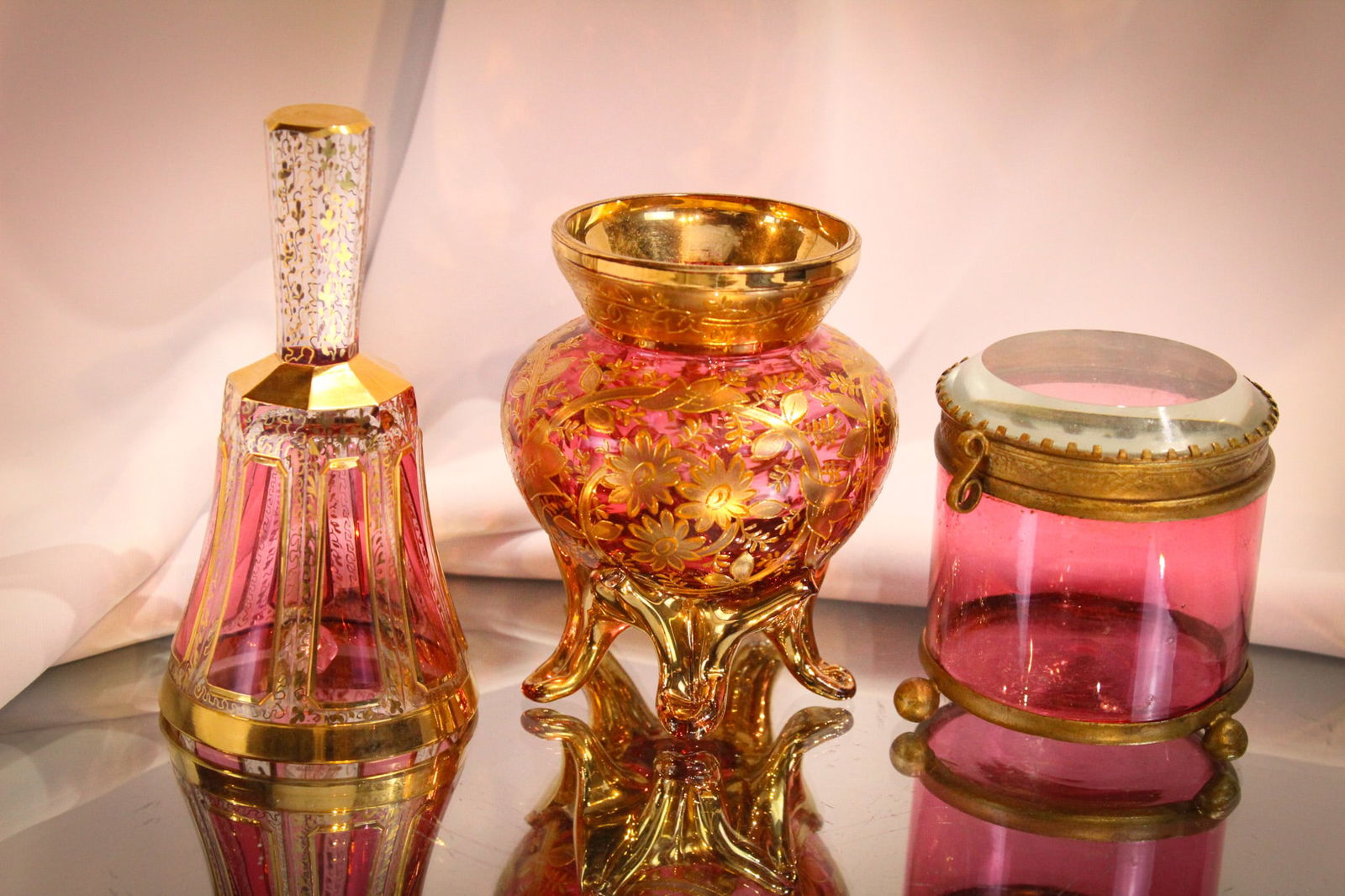 3 pc Lot Cranberry Gilt Bohemian Glass (1 of 15)