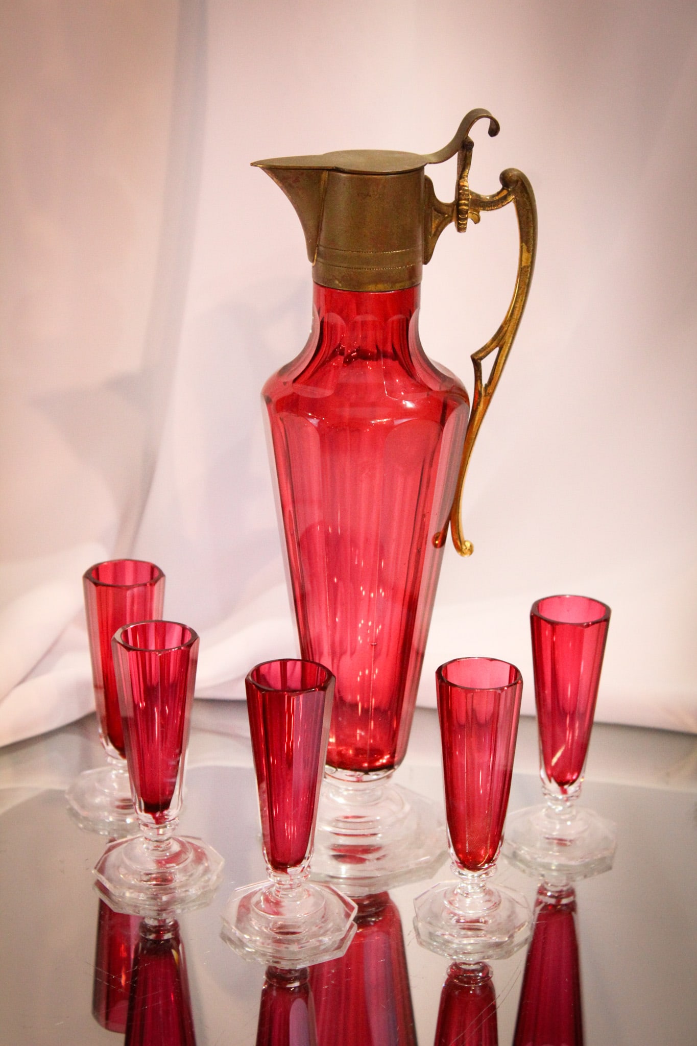 6 pc Cranberry Cut Glass Victorian Cordial Liquor Set (1 of 11)