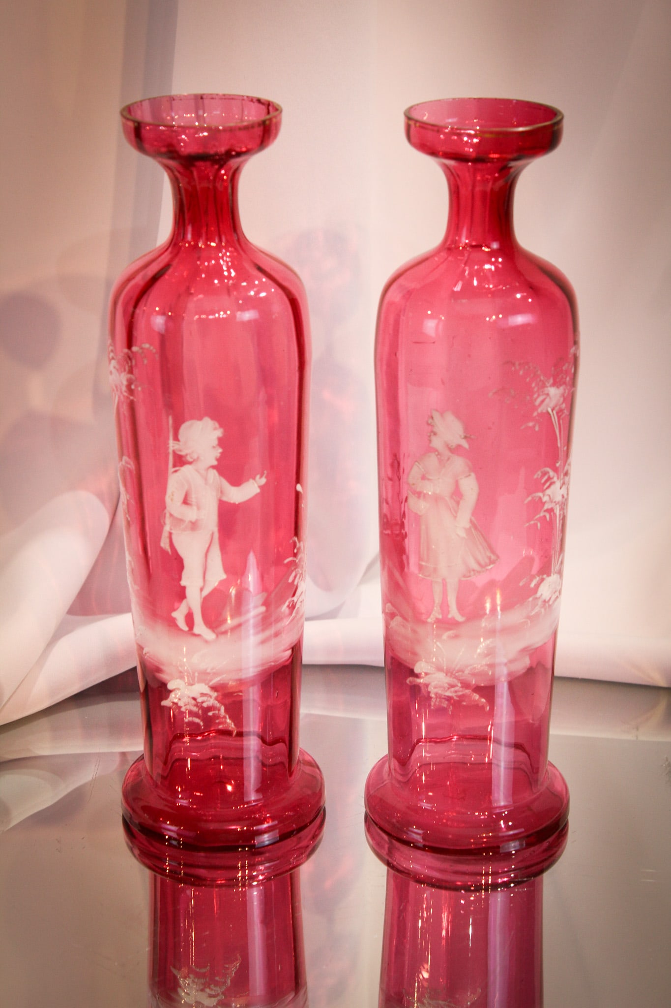 Victorian 10" Pair Cranberry Mary Gregory Opposing Vases (1 of 11)