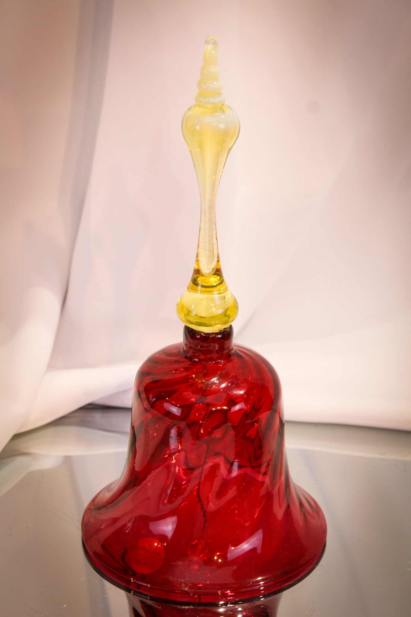 Victorian Cranberry Vaseline Glass 10 1/2" Weding Bell: Another fine day at the chapel with this Victorian wedding bell in cranberry glass with vaseline opalescent handle. Big gal at 10 1/2" tall.