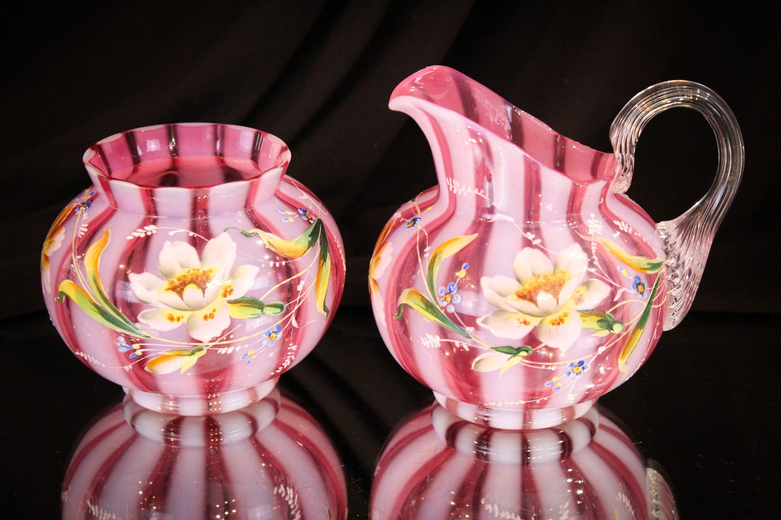 Victorian Cranberry Opalescent Stripe Enameled Creamer & Sugar Bowl (1 of 11)