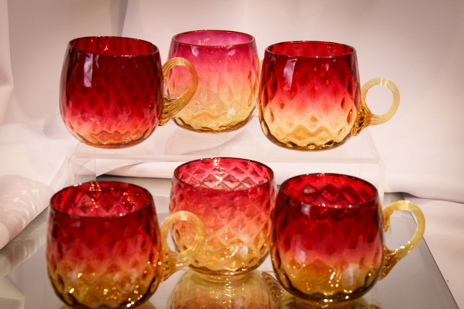 6 pc Lot Mt. Washington Amberina Diamond Quilt Punch Cups: Nice offering of six Victorian attributed to Mt. Washington Glass custard or punch cups. Each features diamond quilt optic pattern.