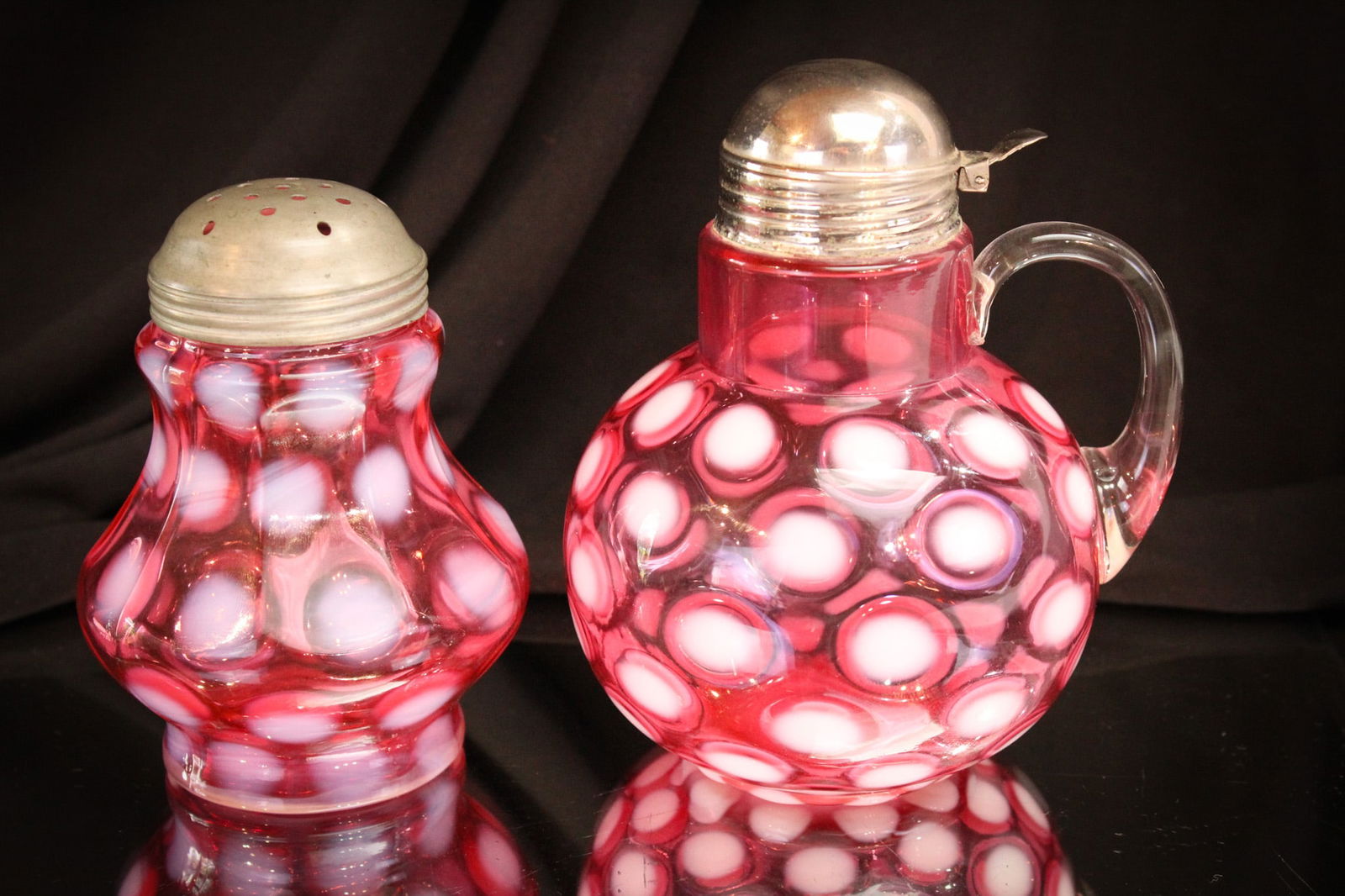 2 pc Lot Cranberry Opalescent Syrup Sugar Shaker (1 of 9)