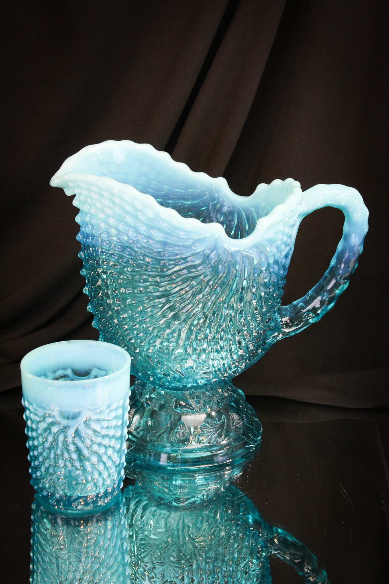 Northwood Blue Opalescent Argonaut Shell Pitcher & Tumbler (1 of 11)