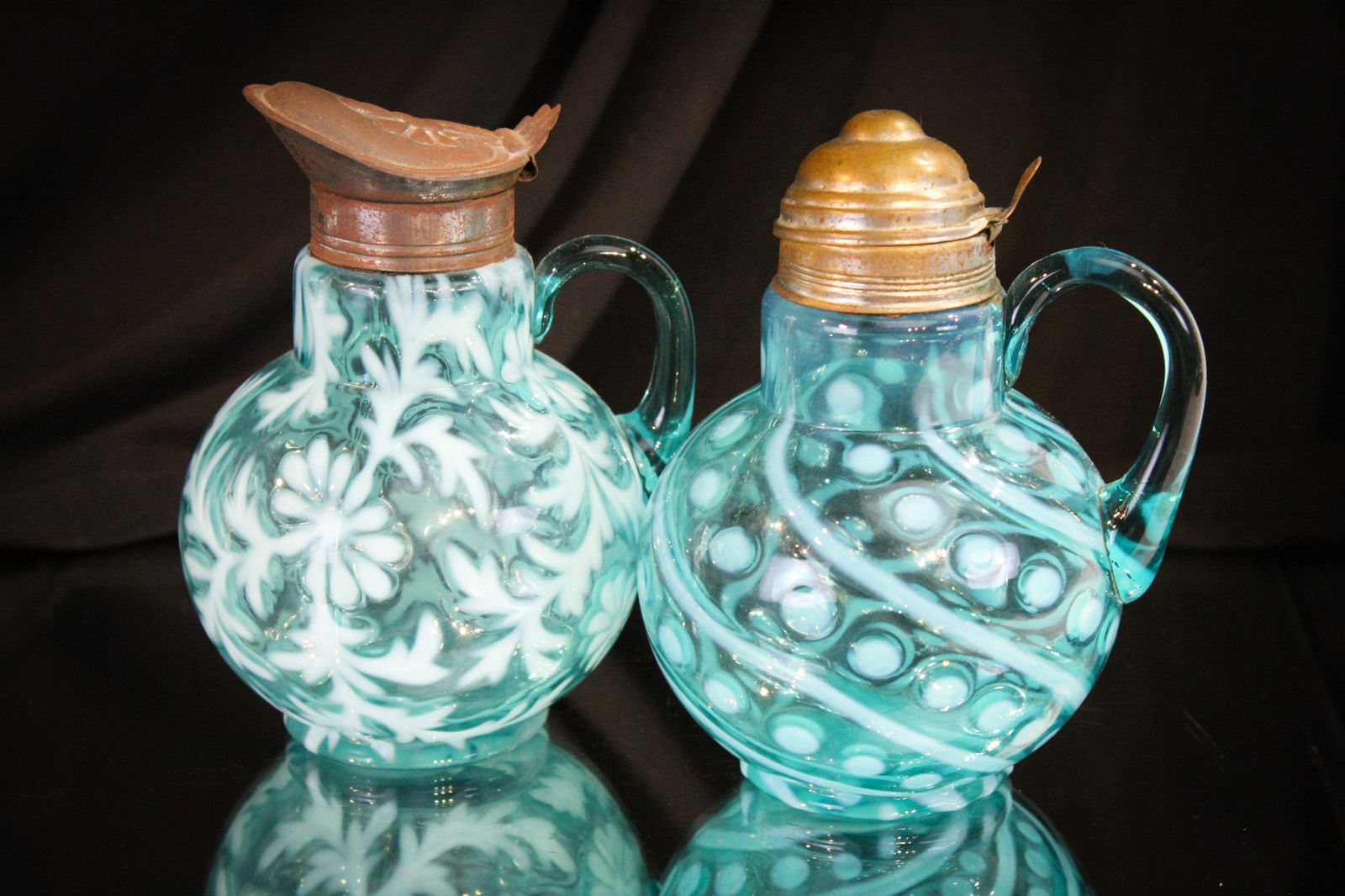 2 pc Lot Northwood Blue Opalescent Victorian Syrup Pitchers (1 of 10)