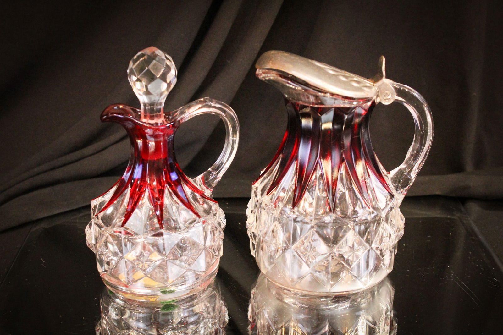 2 pc Lot Ohara's Diamond Ruby Stained Victorian Cruet & Syrup Pitcher (1 of 11)