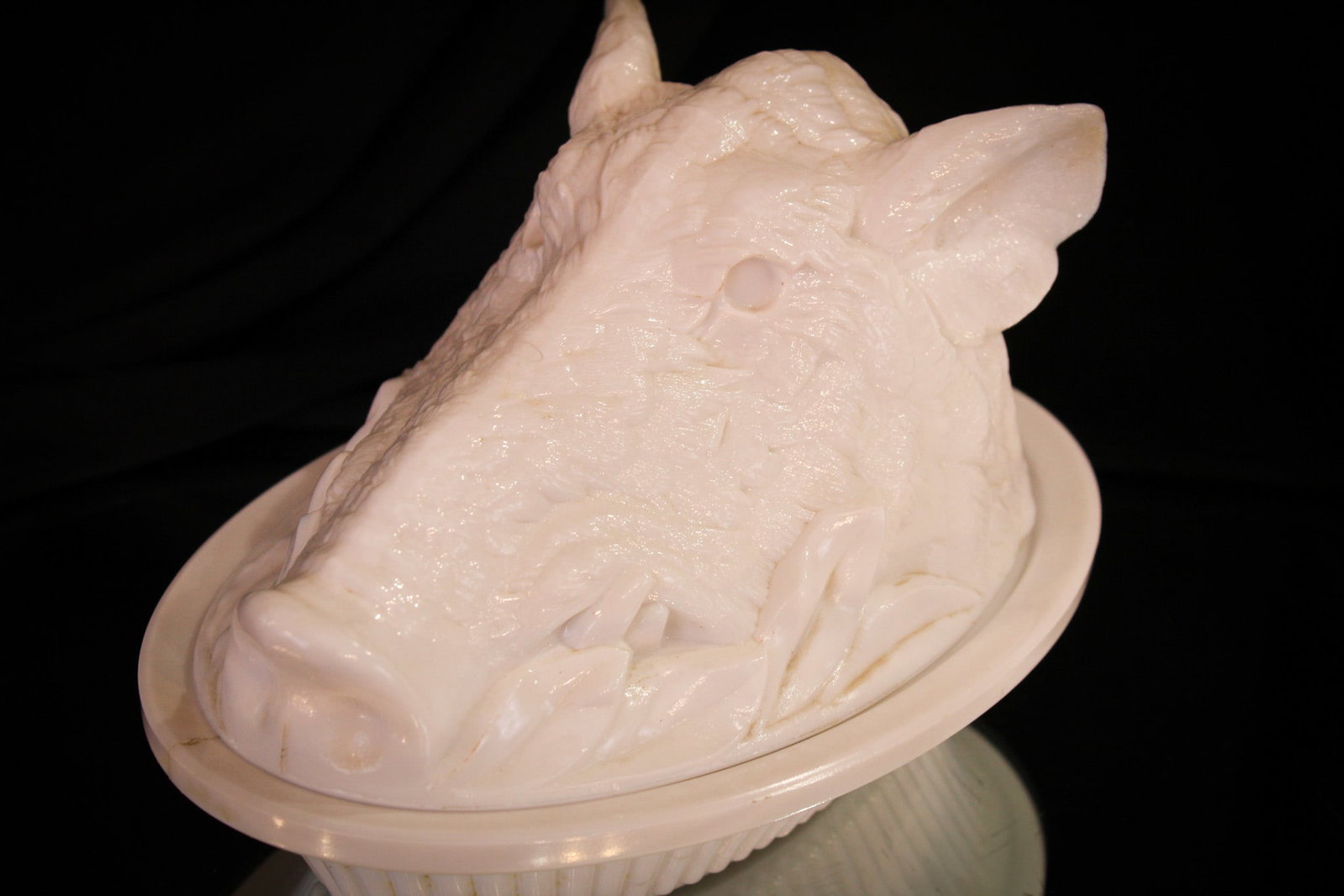 Atterbury Milk Glass Boars Head Covered Dish: Good old Atterbury milk glass Boar's Head covered dish. This little piggy has lost both of its eyes, along with the lid exhibiting two chips to the flange. Oh, and the base shows evidence of an old cr