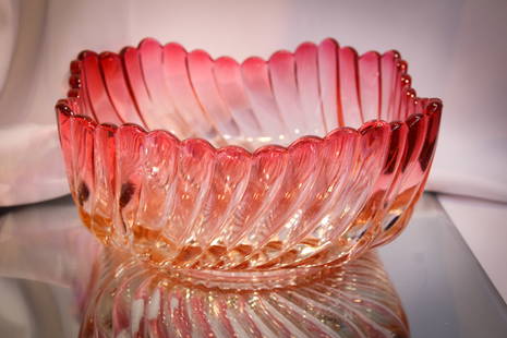 Baccarat France Rare 9" Square Rose Tiente Glass Bowl: Very Rare form in this signed Baccarat Rose Tiente swirl pattern square form bowl. Measures 4 1/2" tall, 9 1/2" in width.