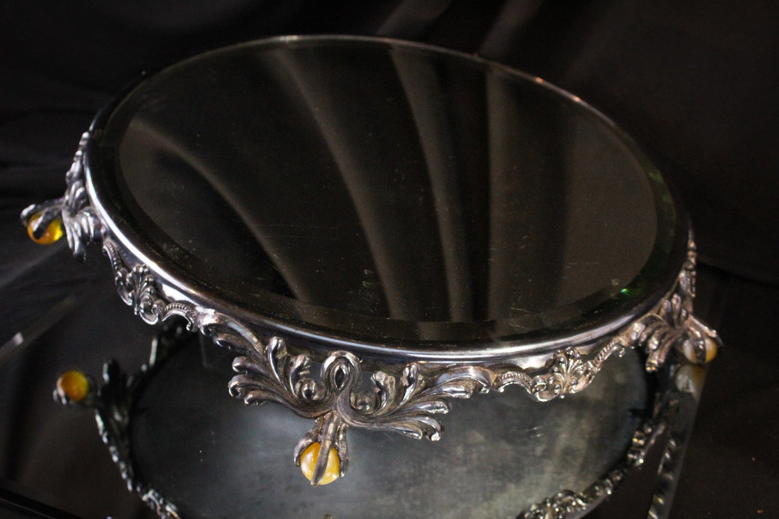 Rare Victorian Claw Foot & Marble Ball 12" Plateau Mirror: These seldom show up. A wonderful silverplate claw and marble ball foot plateau mirror. This is one very nice piece. It measures 2" tall, 12" diameter