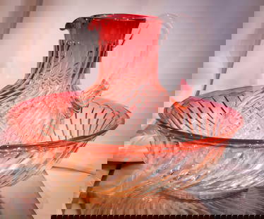 Baccarat France Rose Tiente Glass Pitcher & Bowl Set: Gorgeous and large Baccarat Rose Tiente Swirl pattern pitcher and bowl set. Seldom do you find them. Set measures 10 1/2" tall, 13 1/2" in diameter.