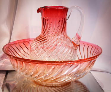 Baccarat France Rose Tiente Glass Pitcher & Bowl Set: Gorgeous and large Baccarat Rose Tiente Swirl pattern pitcher and bowl set. Seldom do you find them. Set measures 10 1/2" tall, 13 1/2" in diameter.