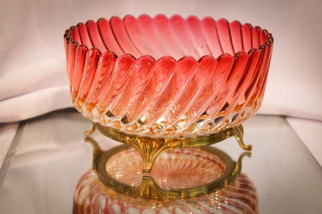 Large 9" Baccarat France Rose Tiente Ormulu Bowl: Fine example of a signed both glass and metal Baccarat Rose Tiente glass bowl complete with gilt ormulu base. Nice example! It measures 5" tall, 8 3/4" in diameter.