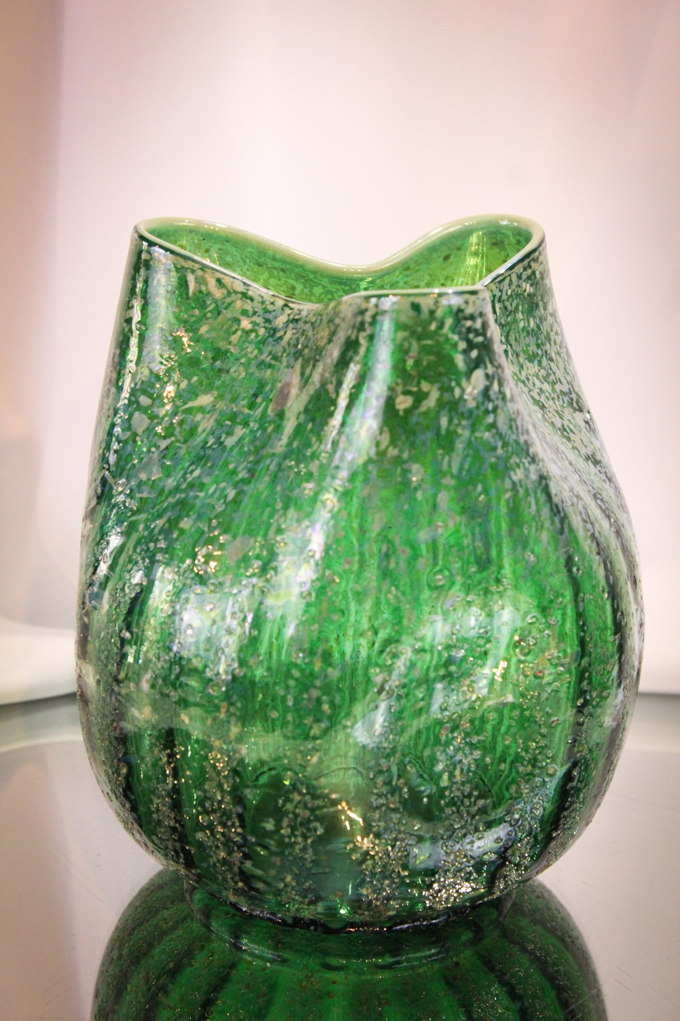 Dugan Pompeiian/Venetian Frit Large Glass Vase: If you love them big, then this one is for you! This big boy has exquisite color and measures a stout 7" tall, 6" wide. Nice showy example!