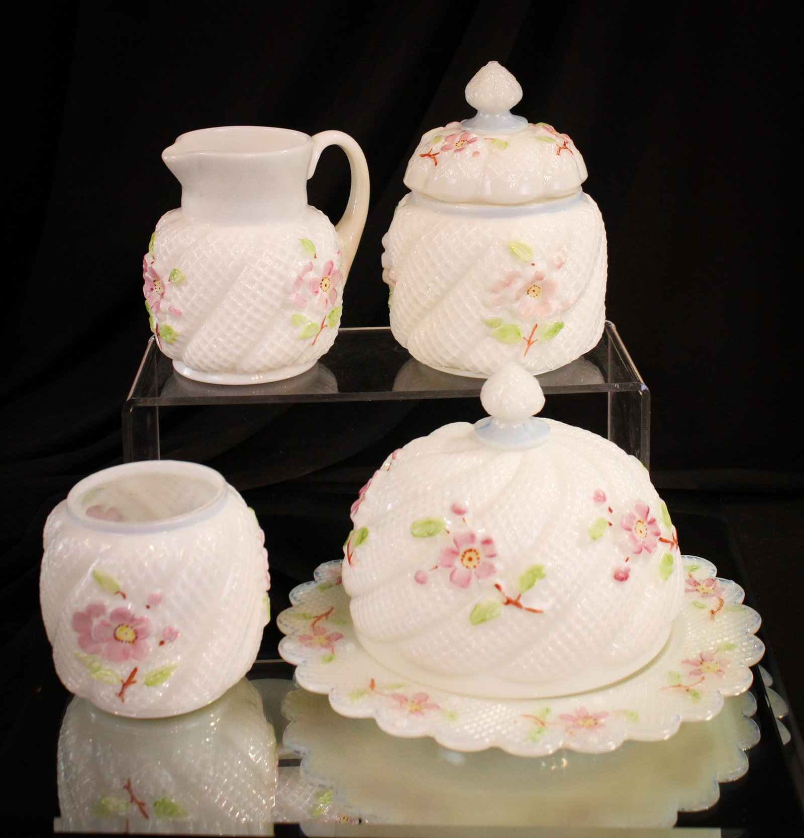Northwood 4pc Victorian Apple Blossom Table Set: Complete four piece table set in Northwood's Apple Blossom pattern. Nice offering and a desirable pattern to please.