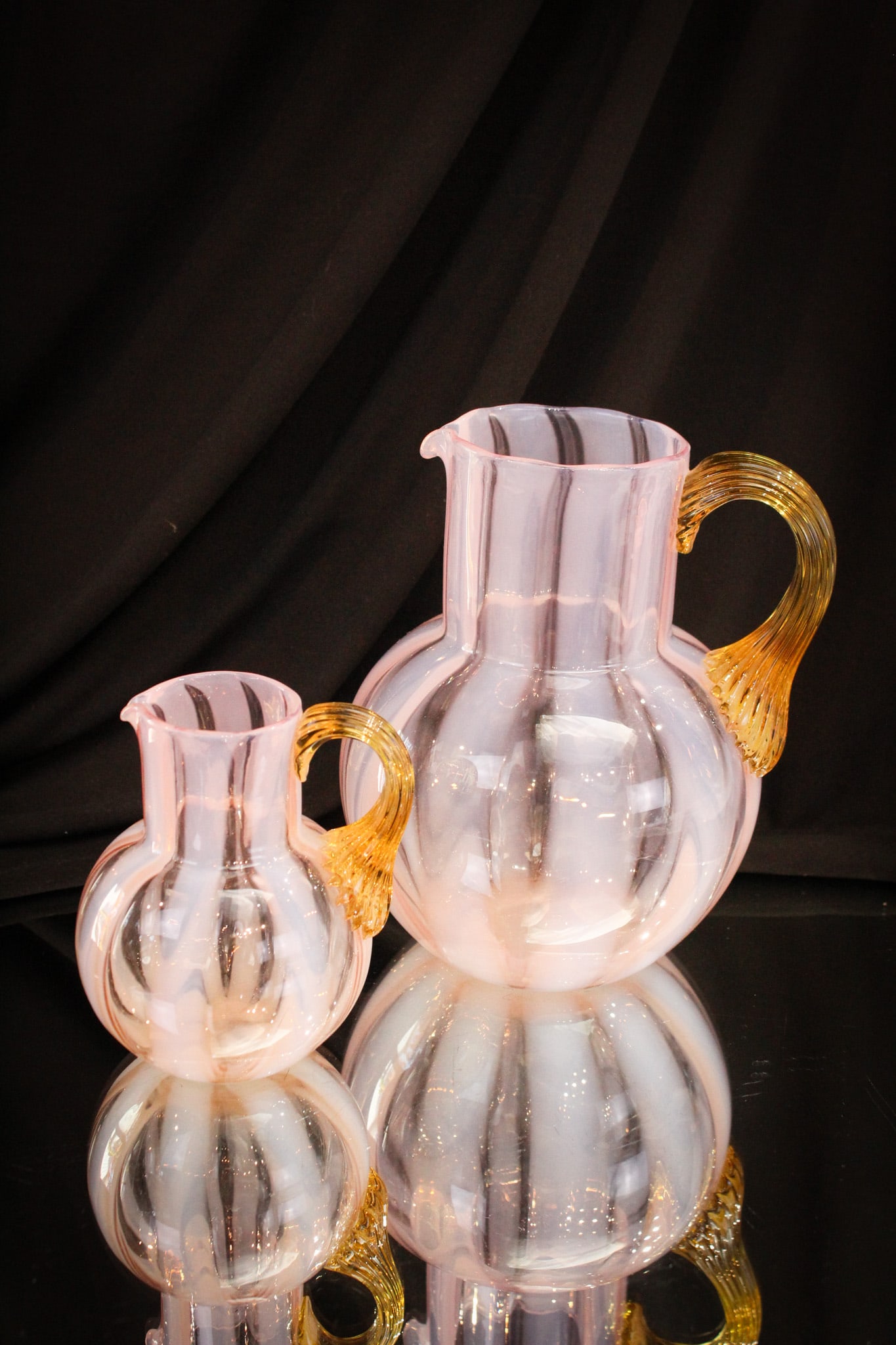 2 pc Lot Pink Opalescent Wide Stripe Victorian Glass Pitchers (1 of 10)