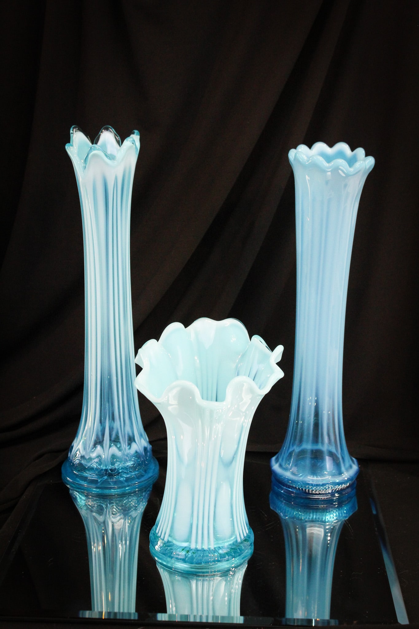 3 pc Lot Blue Opalescent Victorian Glass Swung Vases (1 of 12)