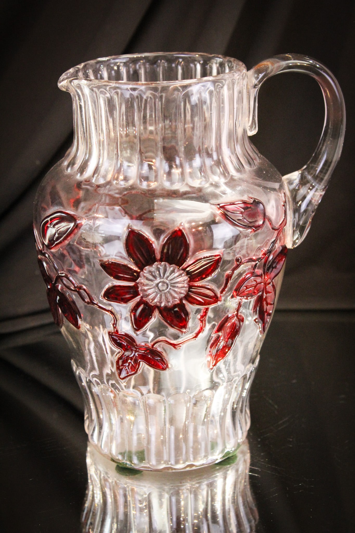 Ruby Stained Flower & Pleat/Clematis Victorian Glass Pitcher (1 of 7)