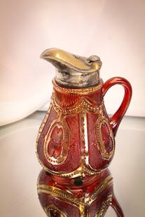 Rare Ruby Stained Heisey Locket on Chain Victorian Glass Syrup Pitcher: Folks, a true rarity in every sense of the word. This Heisey Locket on Chain pattern syrup is just gorgeous with deep rich ruby staining and brilliant gold decoration. You couldn't ask for a nicer mus