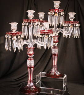 Pair 20" Large Ruby Cut to Clear Candleabrum: Gorgeous pair for the holidays or everyday. This pair of ruby cut to clear candleabrum are amazing and quite large. They measure in at 20 1/2" tall, 12 1/2" wide.