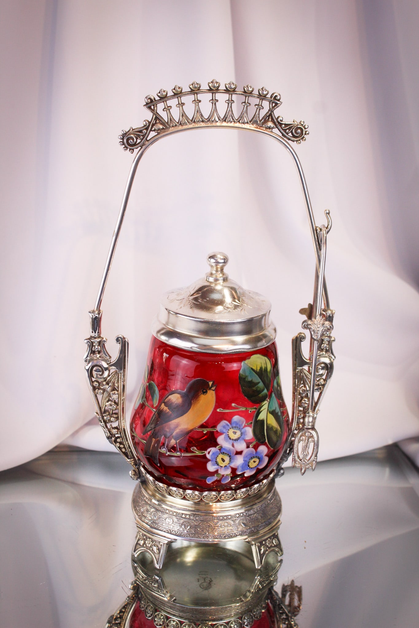 Victorian Middletown Cranberry Enameled Bird Pickle Castor (1 of 9)