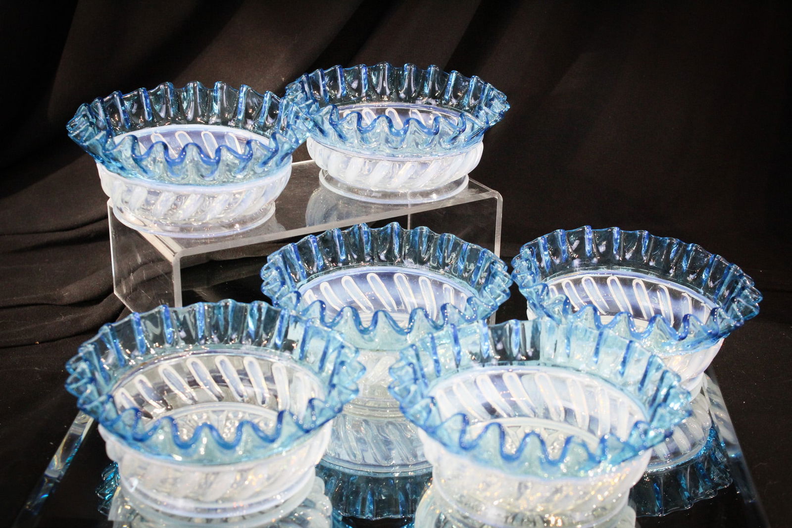 6 pc Lot Gonterman Swirl Blue & Opalescent Berry Bowls (1 of 7)