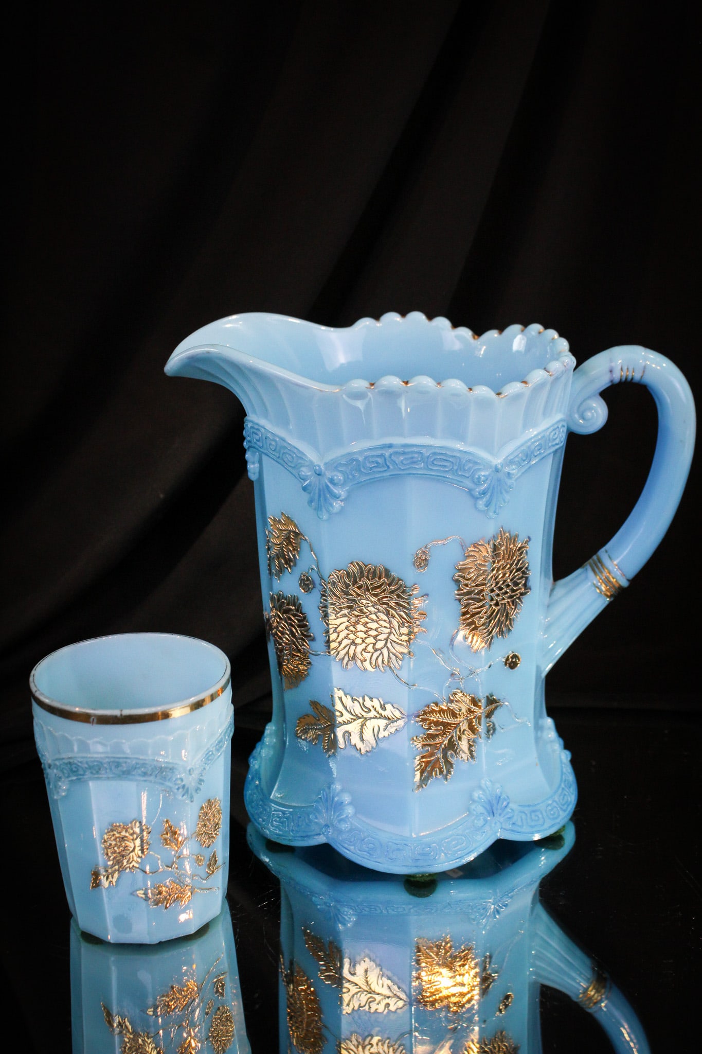 Northwood Blue Custard Chrysanthemum Sprig Water Pitcher & Tumbler (1 of 10)