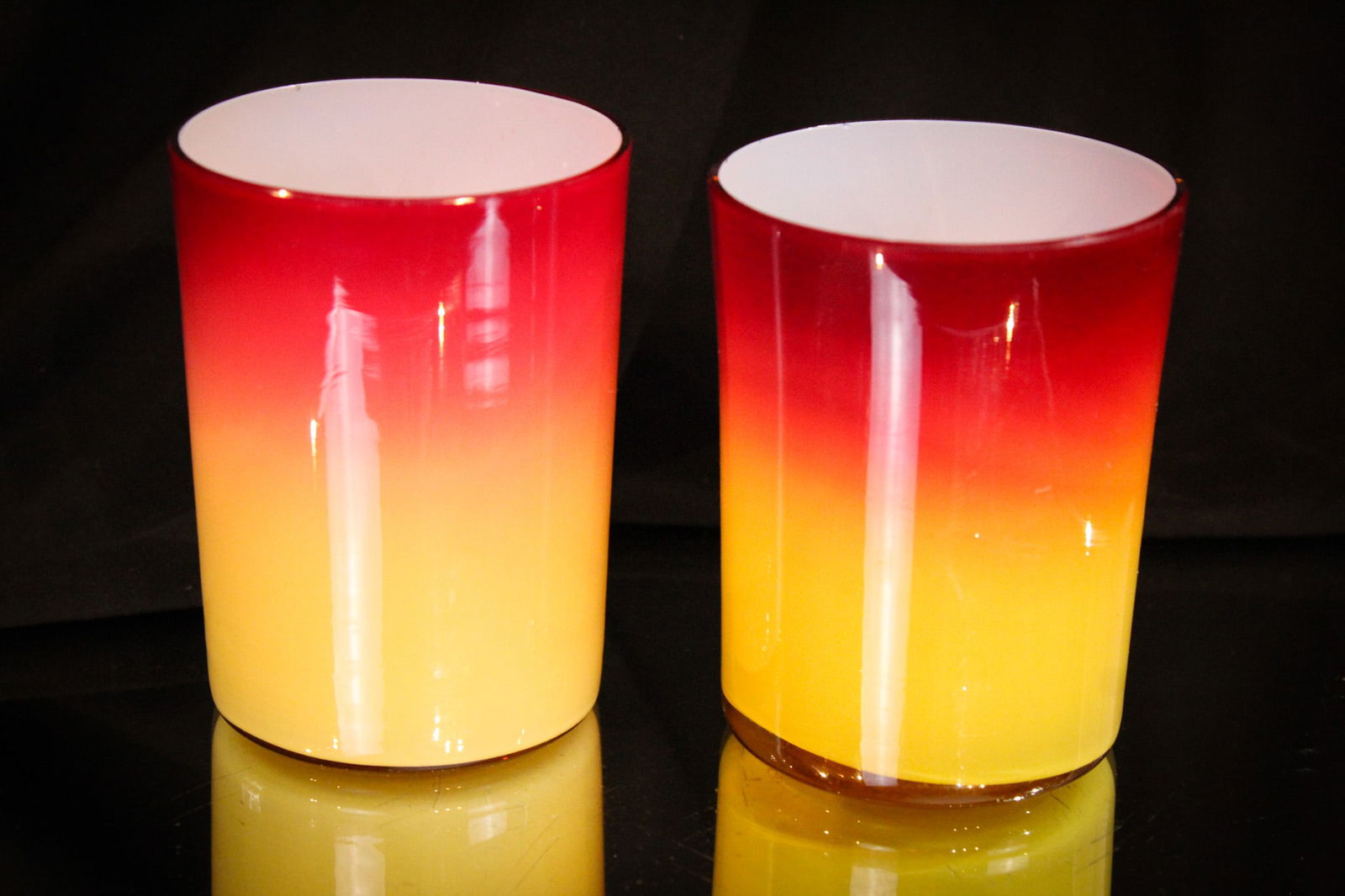 2 pc Lot Hobb's Wheeling Peachblow Victorian Glass Tumblers: Two great examples paired together of Hobb's Wheeling peachblow glass in the form of tumblers.