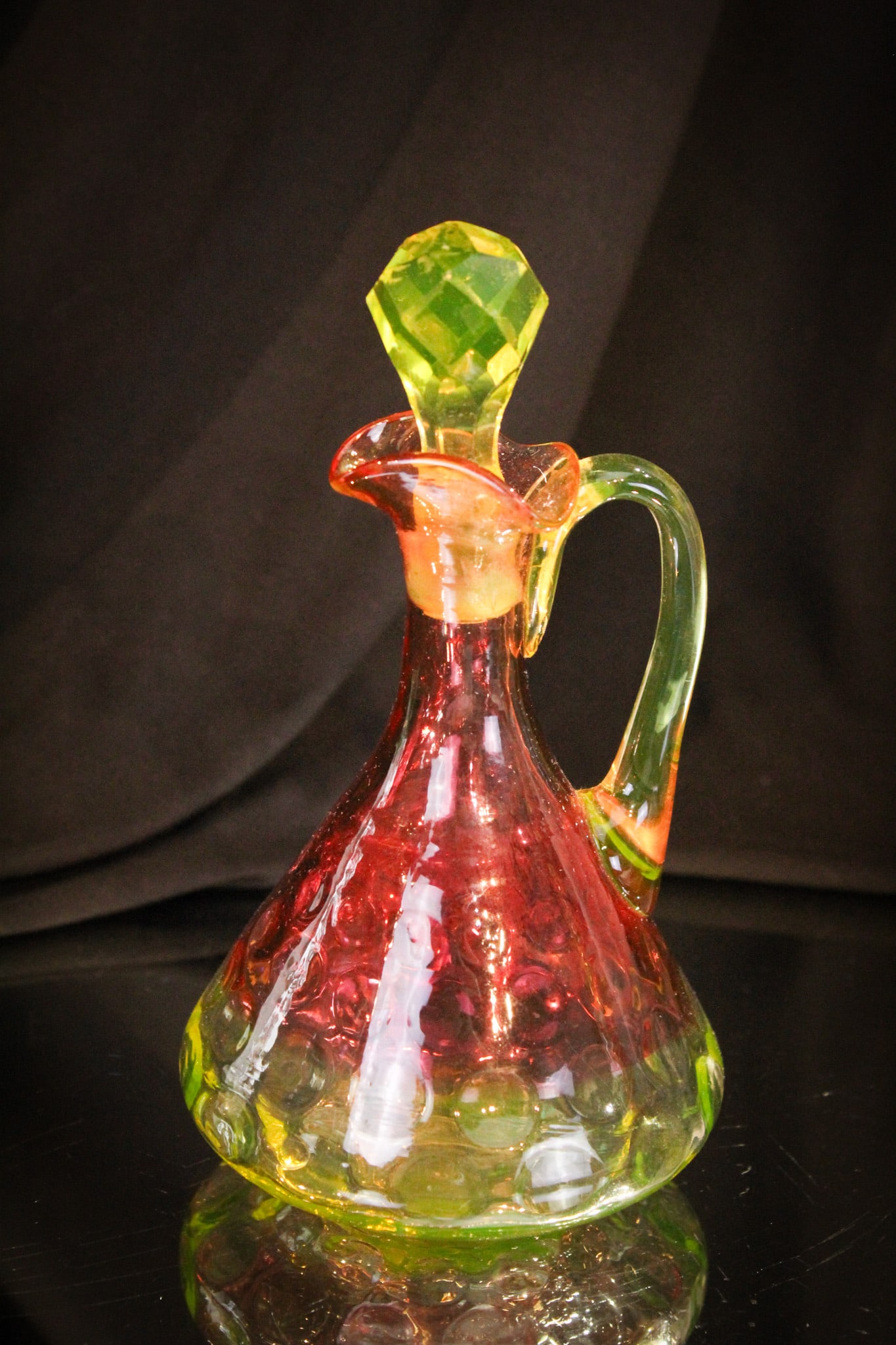 Hobb's Cranberry Vaseline Rubina Verde Victorian Glass Teepee Cruet (1 of 7)
