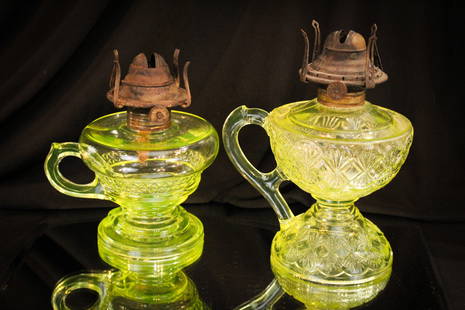 2 pc Lot Victorian Vaseline Finger Oil Lamps: Seldom seen Victorian vaseline glass finger oil lamps, each unique in pattern and design. Tallest measures 5 1/4" for glass portion only.