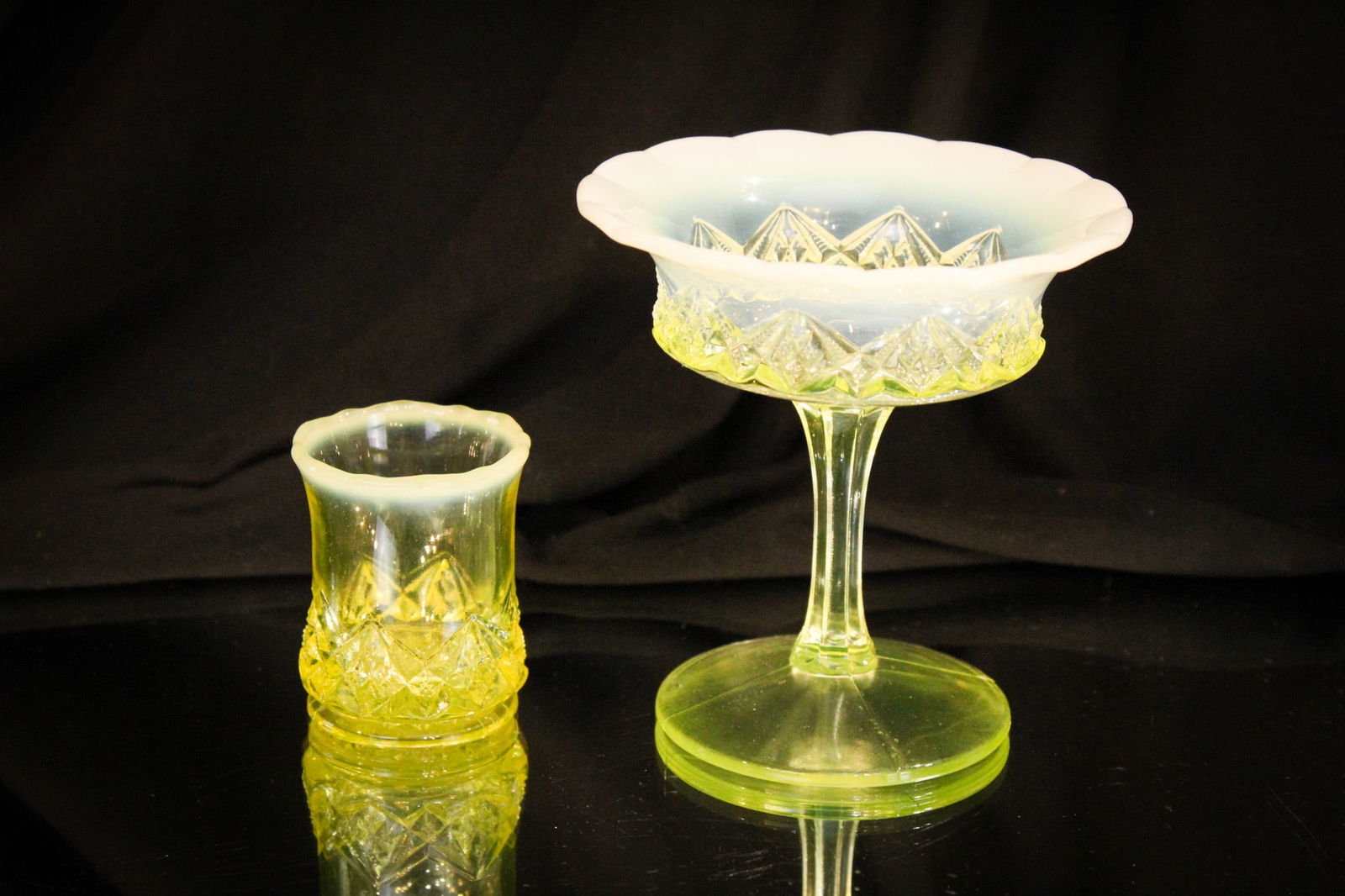 2 pc Lot Northwood Vaseline Opalescent Diamond Spearhead Jelly Compote & Toothpick Holder (1 of 9)