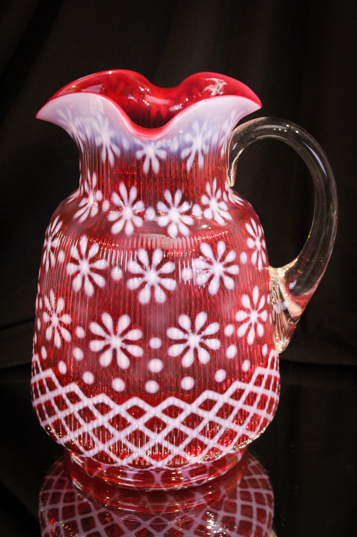 Northwood Cranberry Opalescent Ribbed Christmas Snowflake Victorian Pitcher (1 of 6)