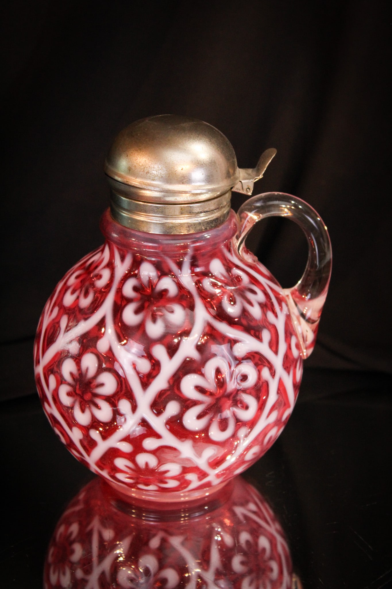 Northwood Cranberry Opalescent Daisy in Criss Cross Victorian Syrup Pitcher (1 of 5)